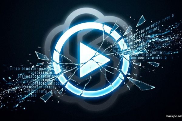 Shattered video play button dissolving into code, symbolizing AI video shutdown