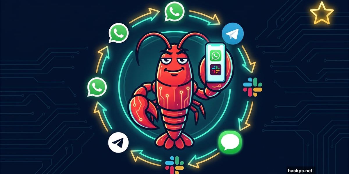 Red lobster AI mascot surrounded by messaging app icons and automation flows