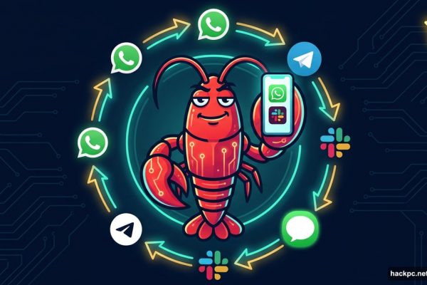 Red lobster AI mascot surrounded by messaging app icons and automation flows