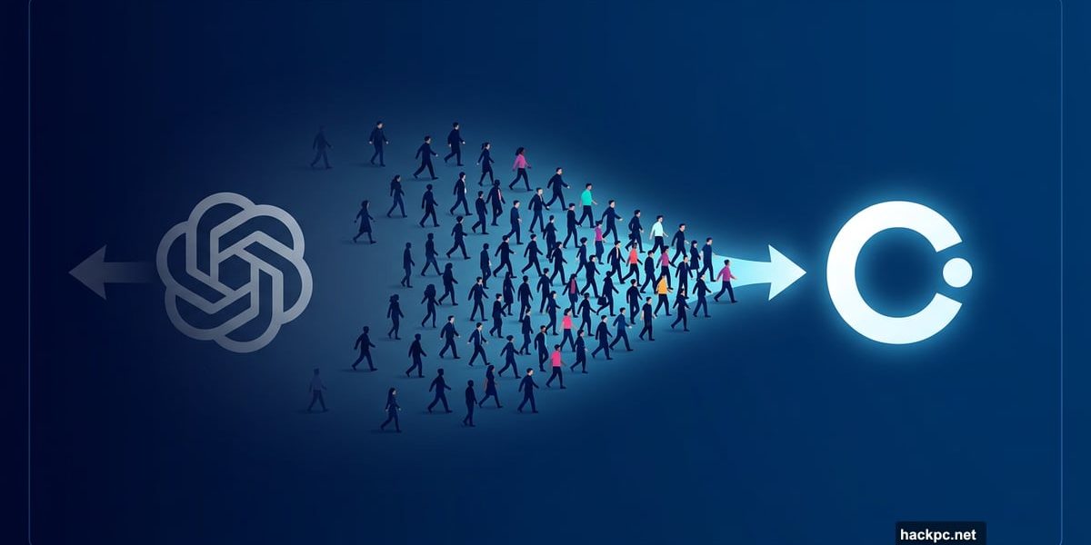 Crowd of users migrating from ChatGPT logo to glowing Claude logo