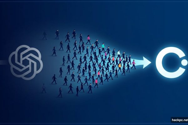 Crowd of users migrating from ChatGPT logo to glowing Claude logo