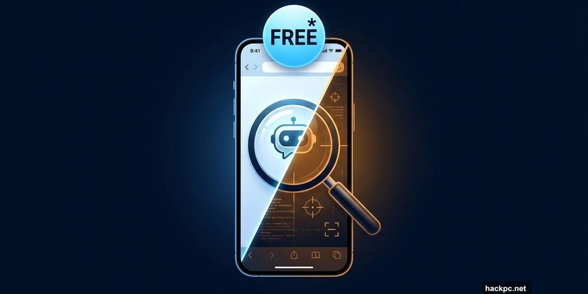 iPhone with AI browser split between sleek design and data tracking symbols