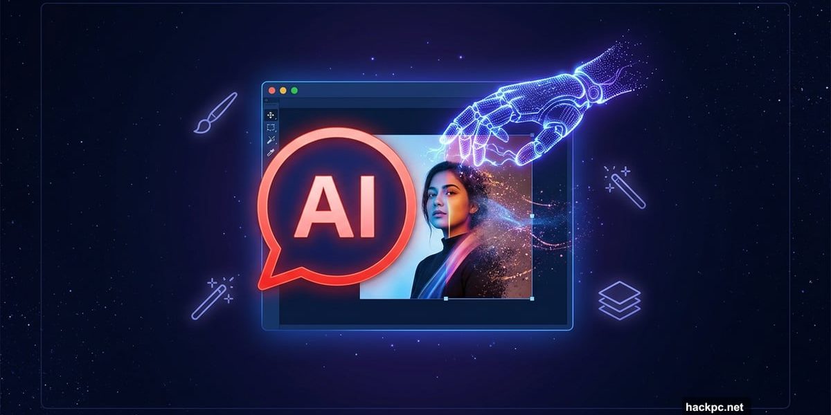 AI chat bubble merging with Photoshop canvas editing a photo automatically