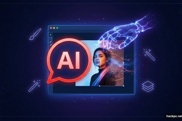 AI chat bubble merging with Photoshop canvas editing a photo automatically