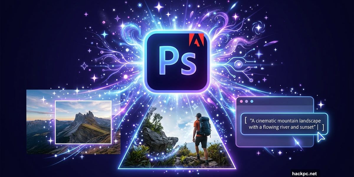 Adobe Photoshop logo glowing with AI sparkle effects and creative tools