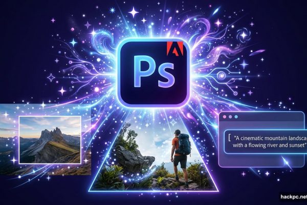 Adobe Photoshop logo glowing with AI sparkle effects and creative tools
