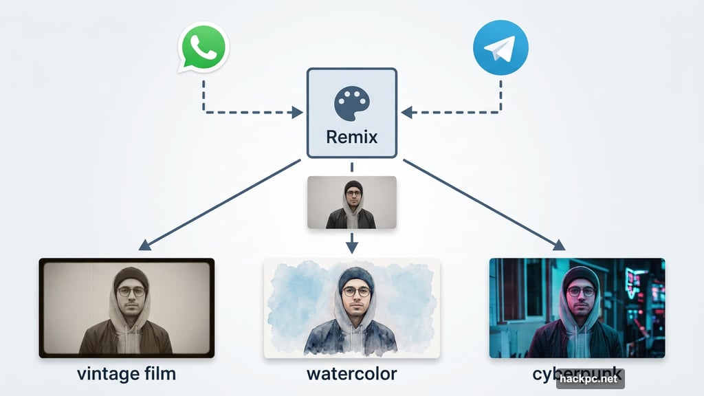 Remix agent applies visual styles across photo library via WhatsApp Telegram