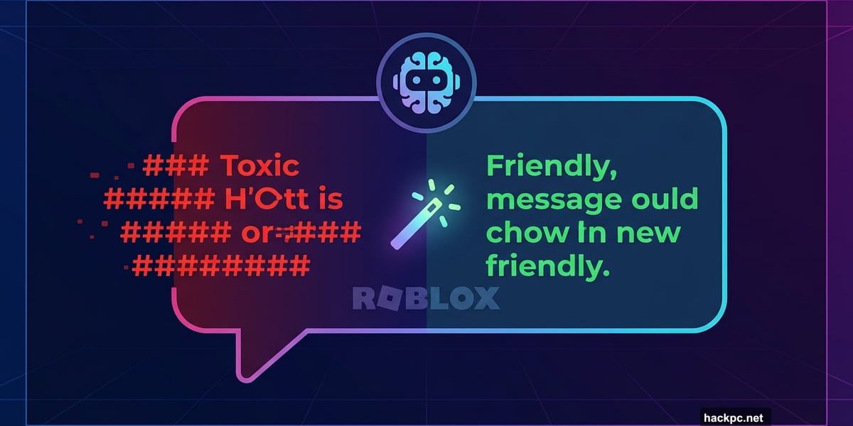 Roblox AI chat bubble transforming toxic text into clean message