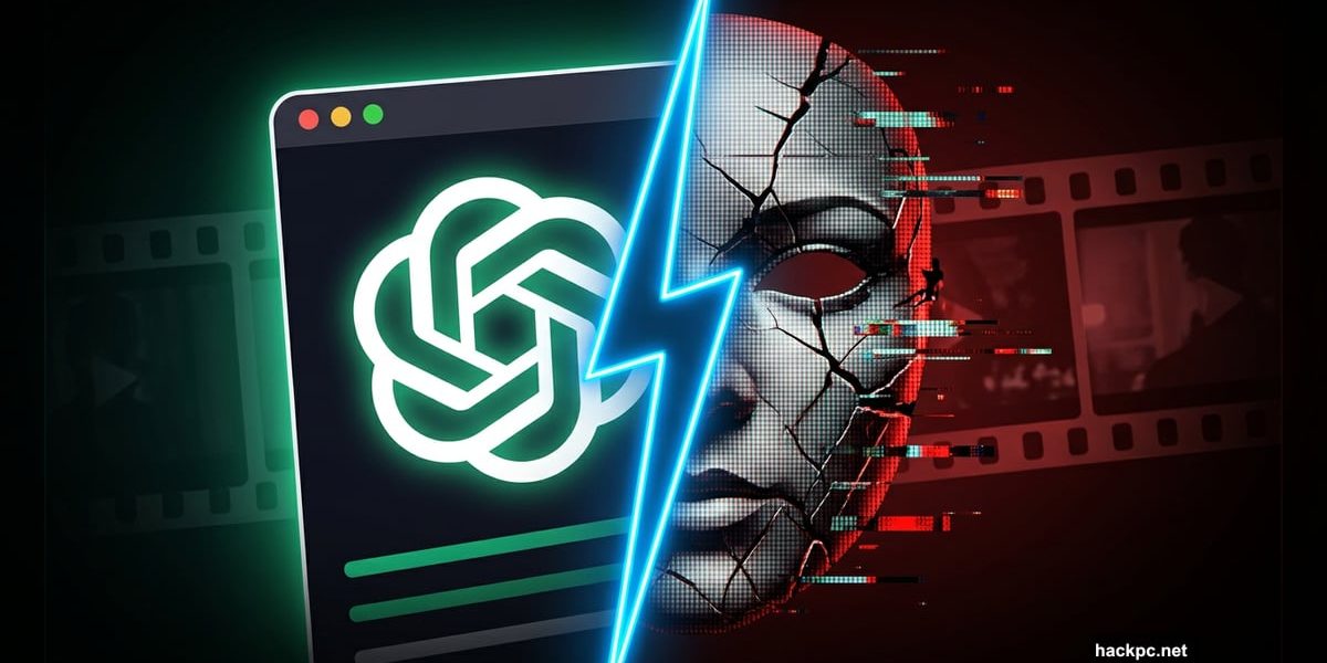 ChatGPT logo merging with a shattered deepfake digital face