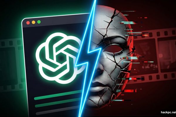 ChatGPT logo merging with a shattered deepfake digital face