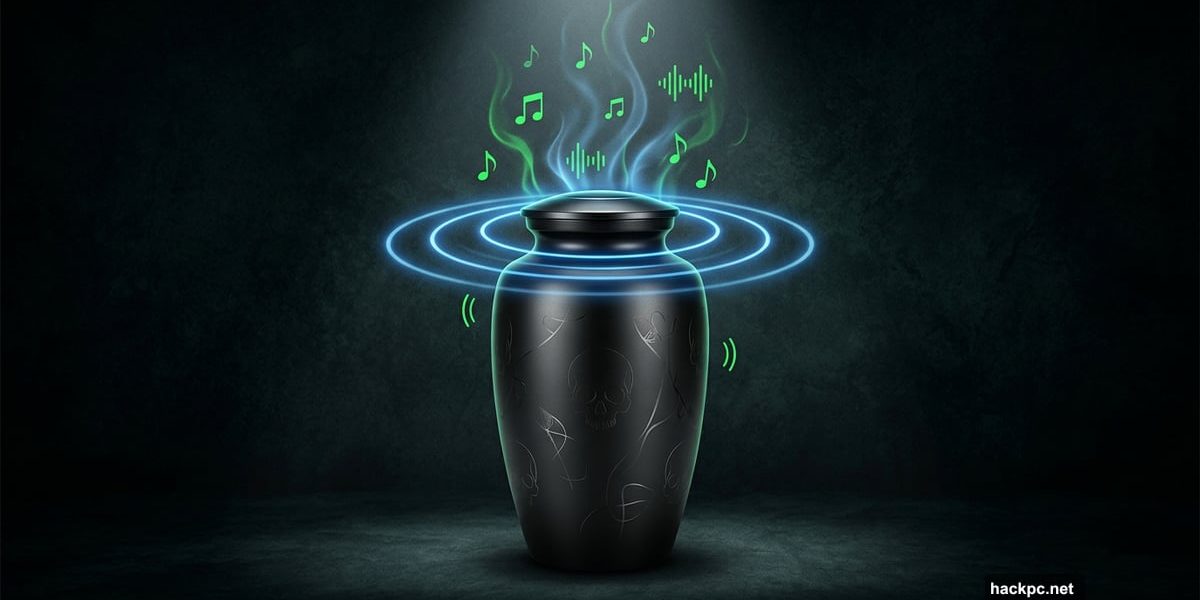 Glowing Bluetooth speaker urn with Spotify sound waves rising above it