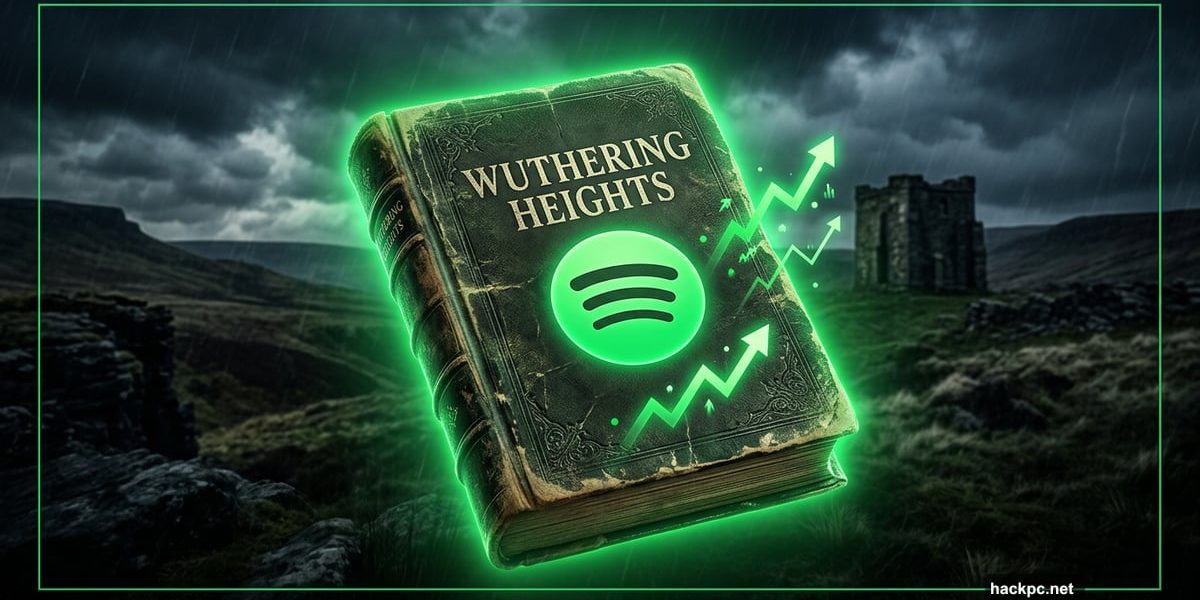 Wuthering Heights book glowing green atop Spotify audiobook charts