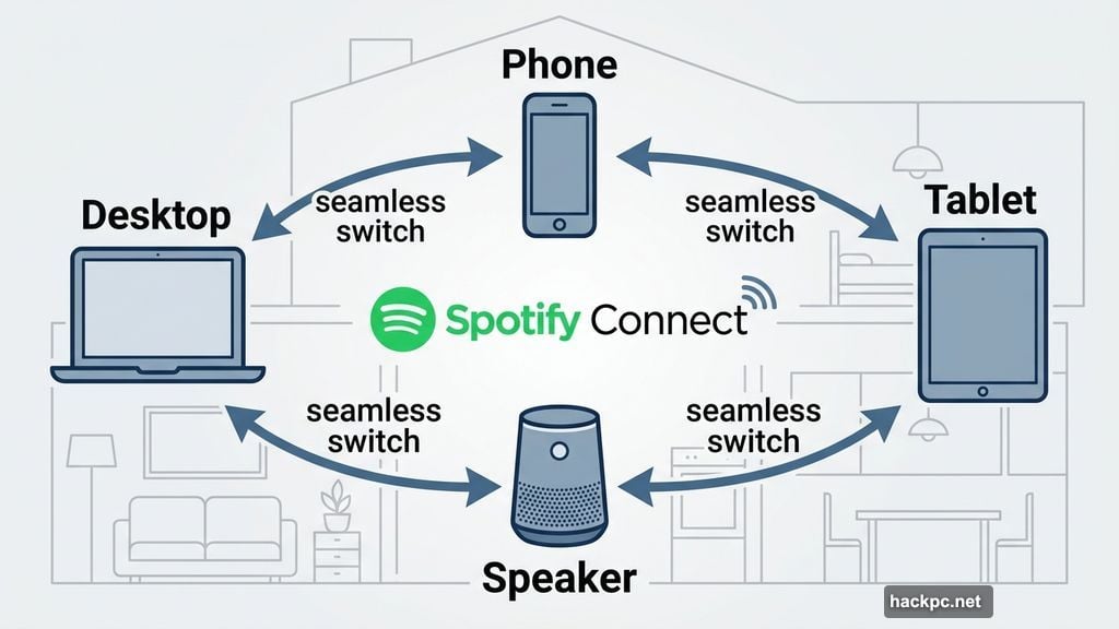 Spotify Connect switches seamlessly between speakers phones and computers