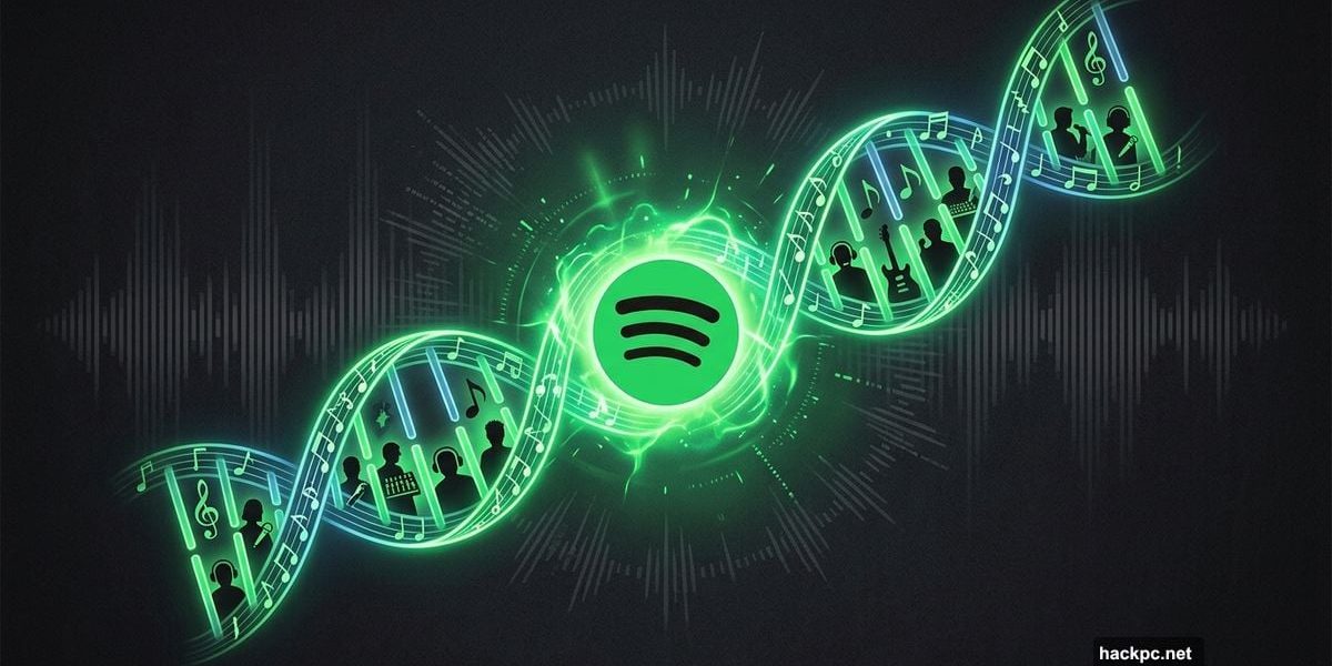 Spotify logo morphing into a DNA helix of music collaborators