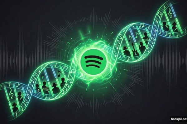 Spotify logo morphing into a DNA helix of music collaborators