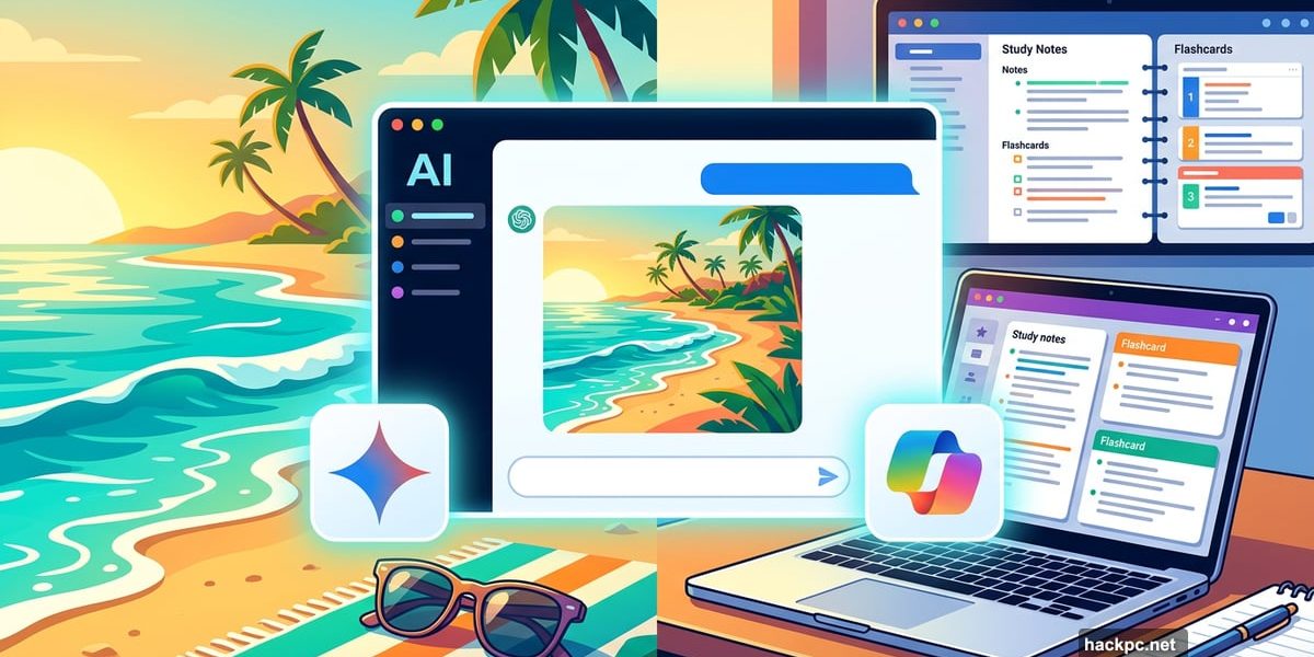 Student laptop on beach showing AI tools handling spring break homework