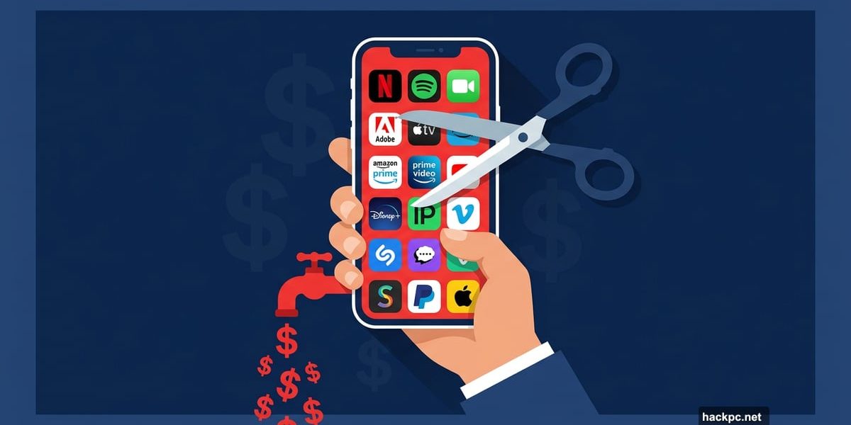 Smartphone displaying forgotten subscriptions being cut with scissors