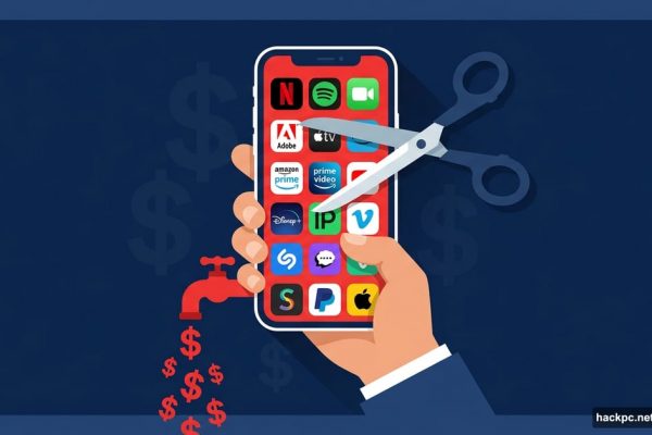 Smartphone displaying forgotten subscriptions being cut with scissors