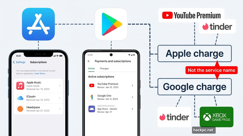 Apple App Store and Google Play manage subscriptions hiding original service charges