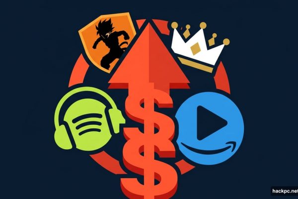 Rising red arrow with streaming service icons showing subscription price increases