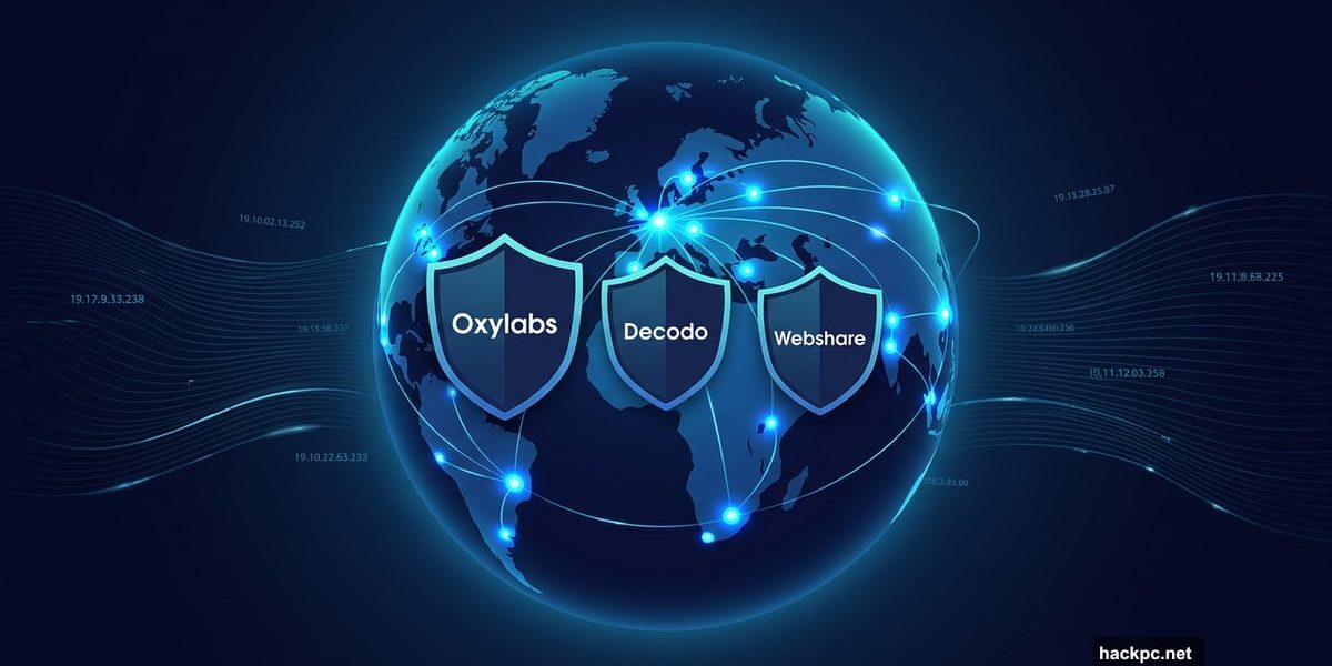 Glowing globe with ranked proxy server shields representing top providers compared