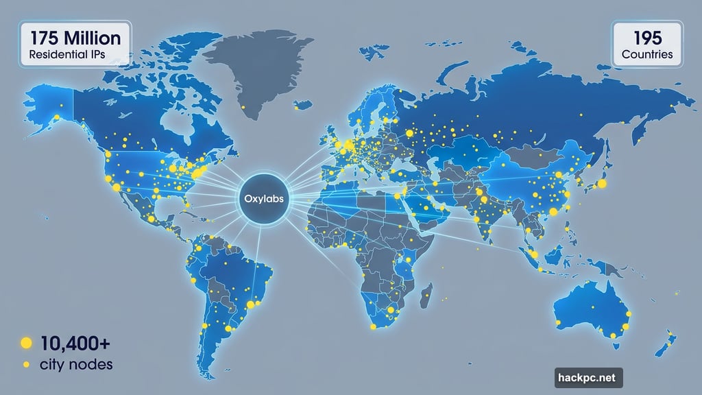 Oxylabs global proxy network spanning 195 countries with 175 million IPs