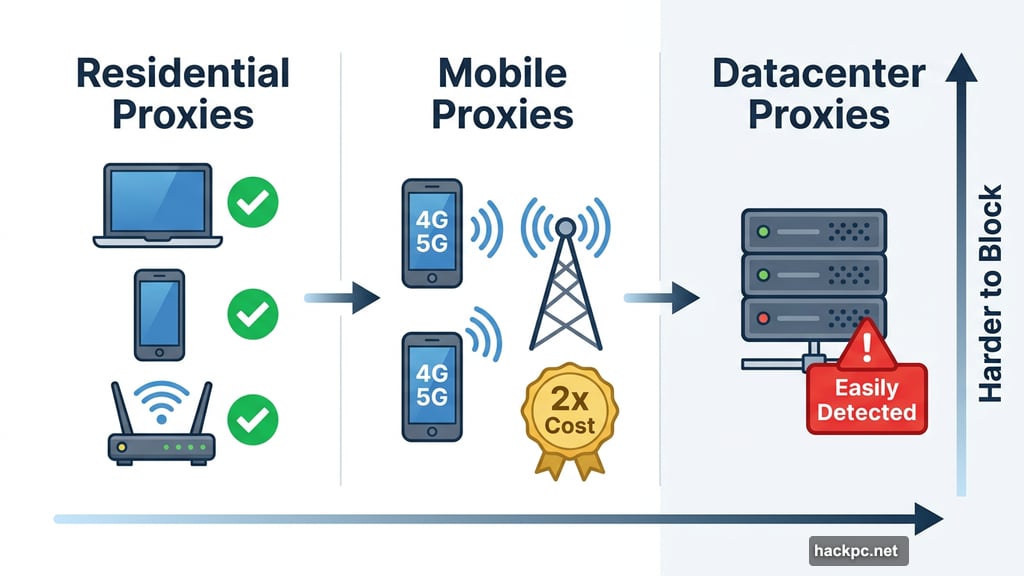 Comparison of datacenter, residential, and mobile proxy types detection difficulty
