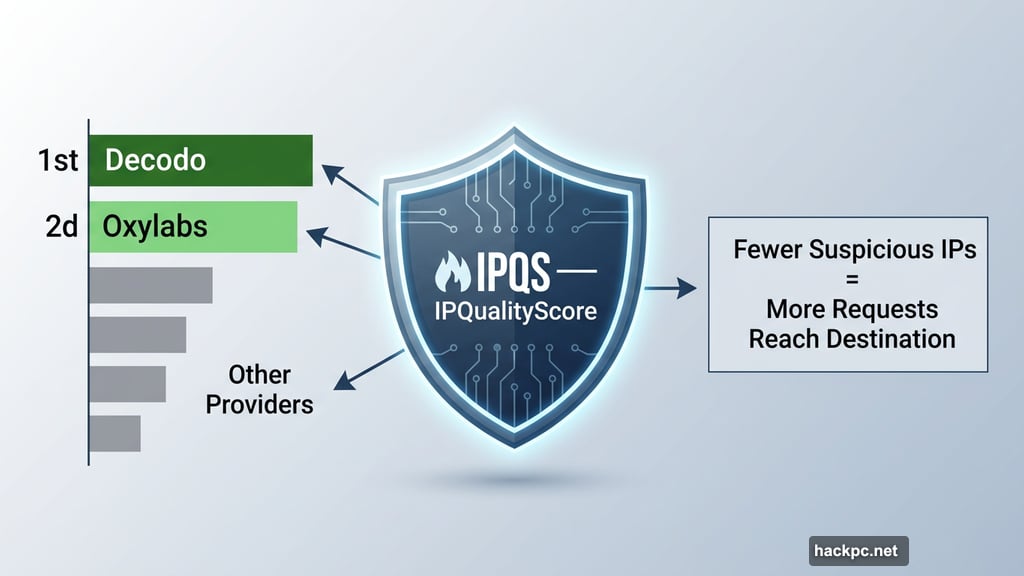 IPQualityScore ranking shows Oxylabs residential IP quality near Decodo
