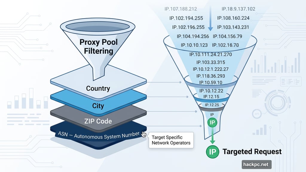 Proxy targeting filters by country, city, ZIP code, and ASN network operator