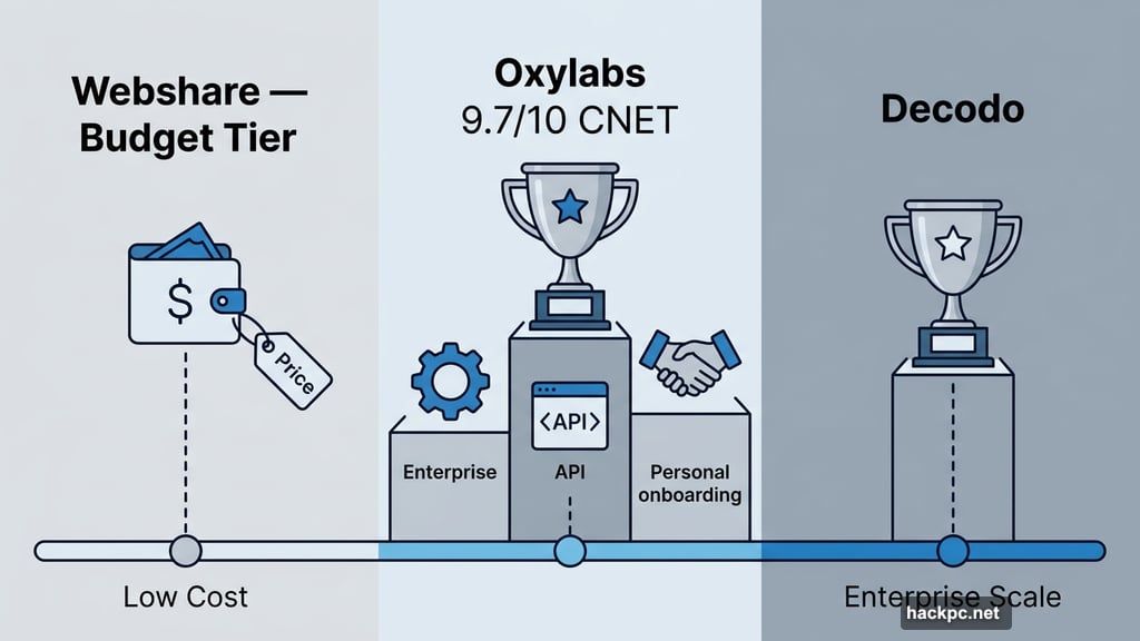 Webshare budget option compared to Oxylabs and Decodo enterprise proxy services