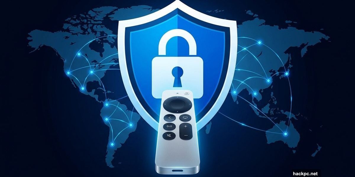 Apple TV remote in front of a glowing VPN shield and world map