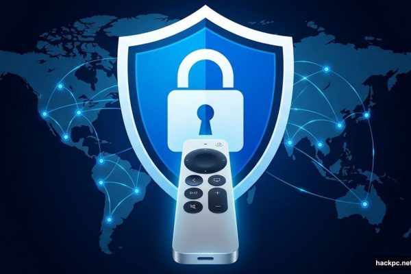 Apple TV remote in front of a glowing VPN shield and world map