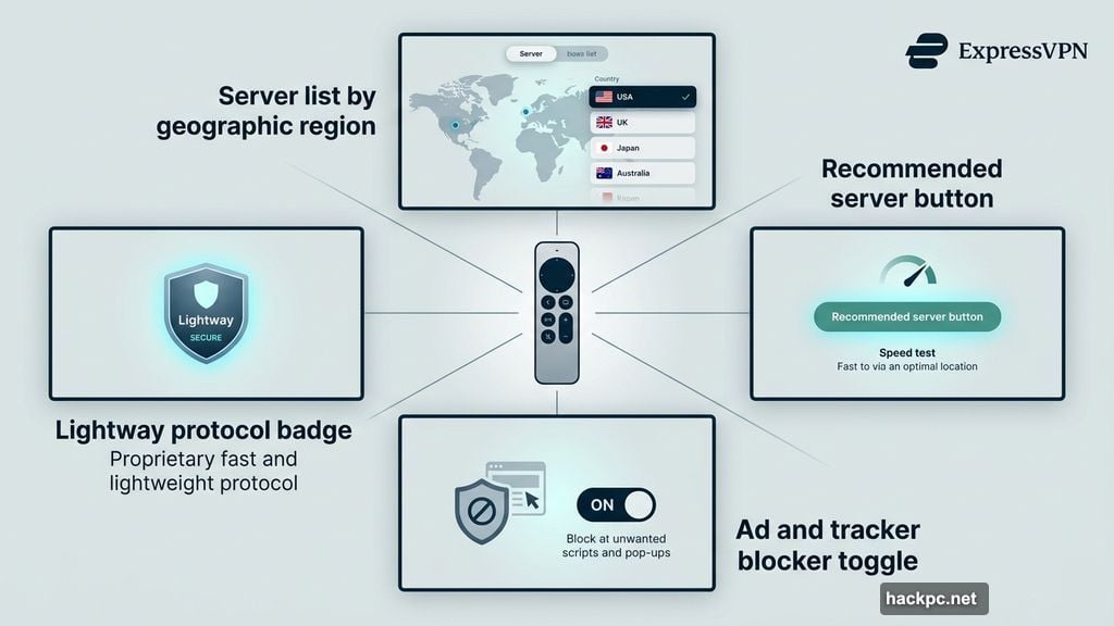 ExpressVPN Apple TV app interface with Lightway protocol and server regions