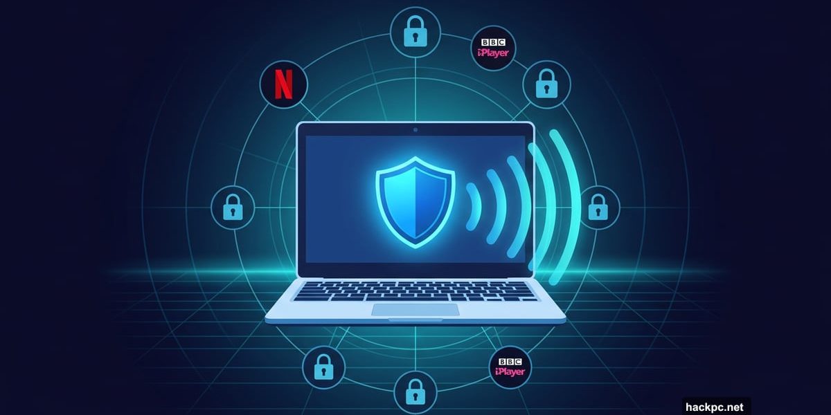 Chromebook laptop with VPN shield protecting privacy and streaming access