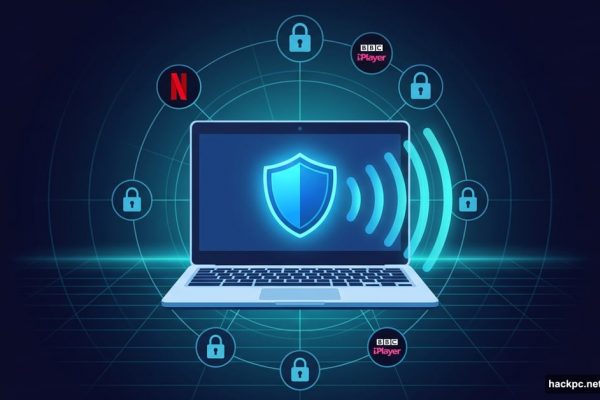 Chromebook laptop with VPN shield protecting privacy and streaming access