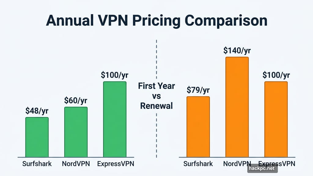 Surfshark NordVPN ExpressVPN annual pricing compared at renewal rates