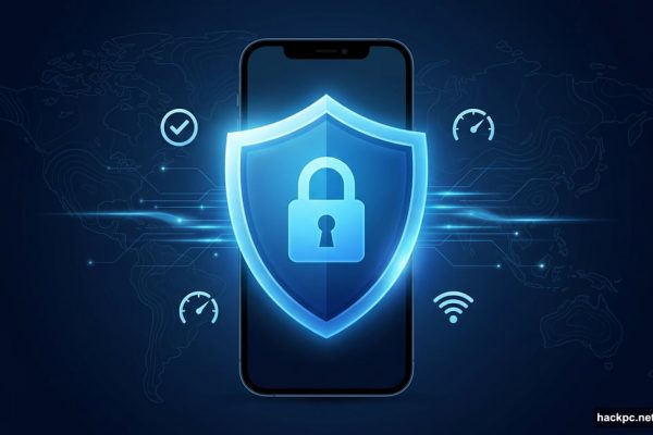 Glowing shield with lock icon protecting an iPhone from threats