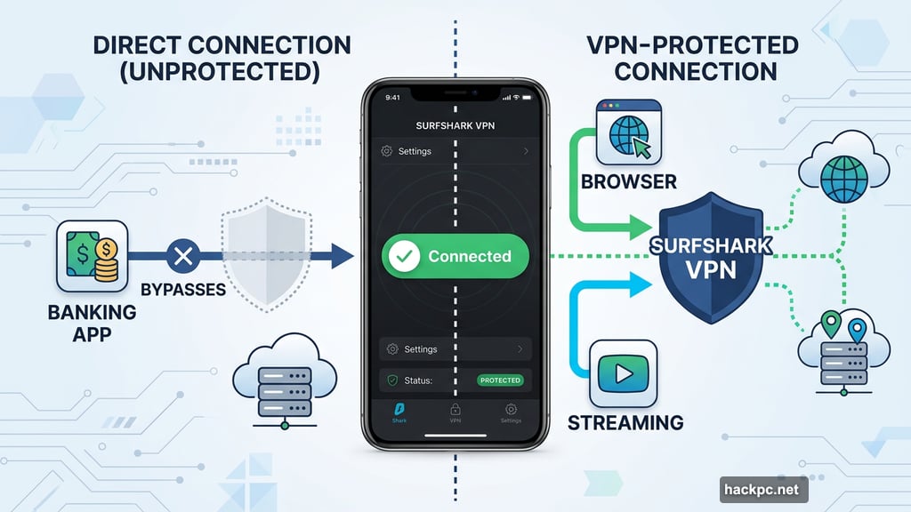 Surfshark split tunneling sends some apps through VPN on iPhone