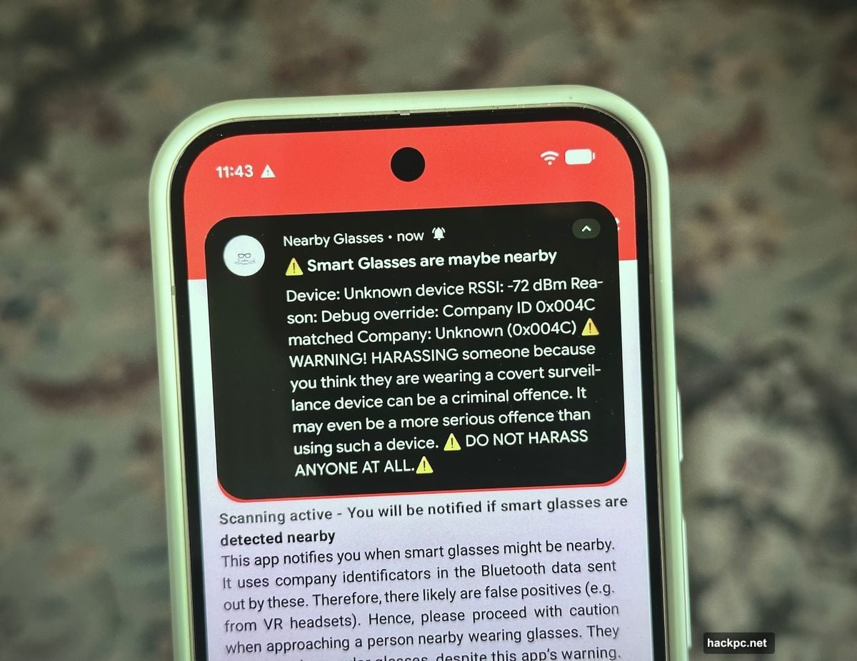 Nearby Glasses app detects Meta Ray-Ban smart glasses via Bluetooth alert