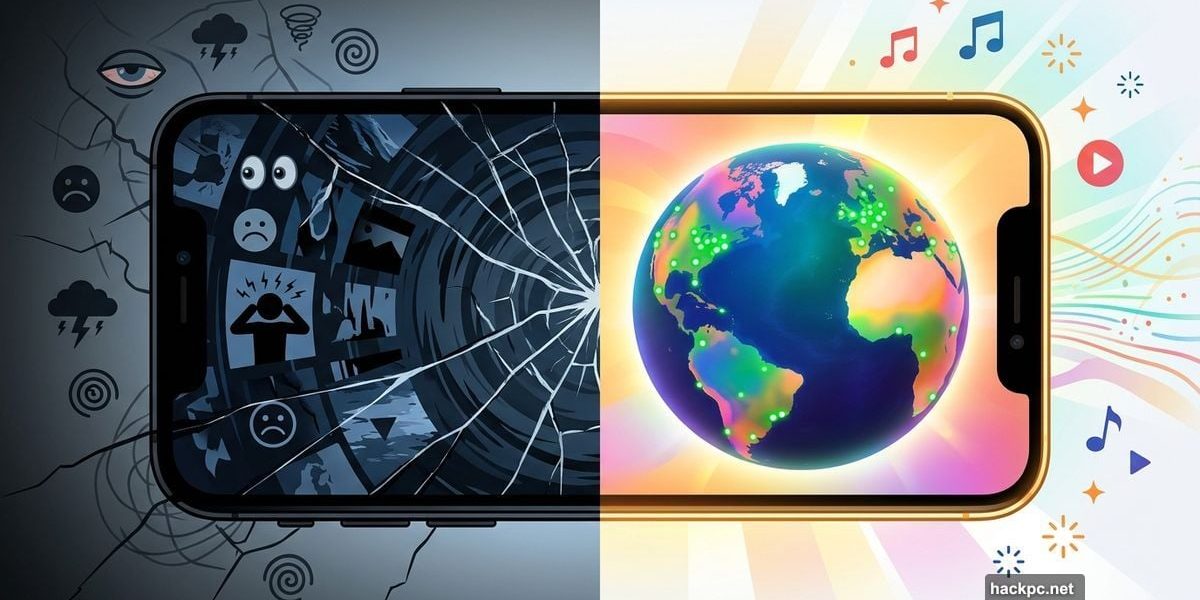 Split smartphone screen showing doomscrolling versus uplifting productivity apps