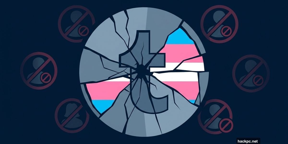Tumblr logo cracking apart revealing transgender pride flag beneath