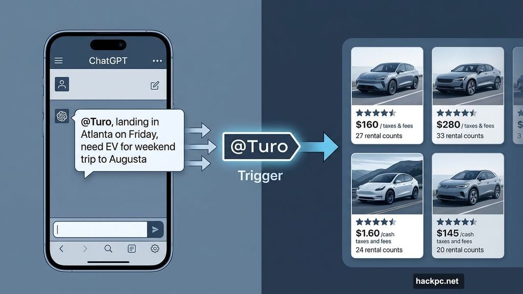 Typing @Turo in ChatGPT triggers real car listings with prices
