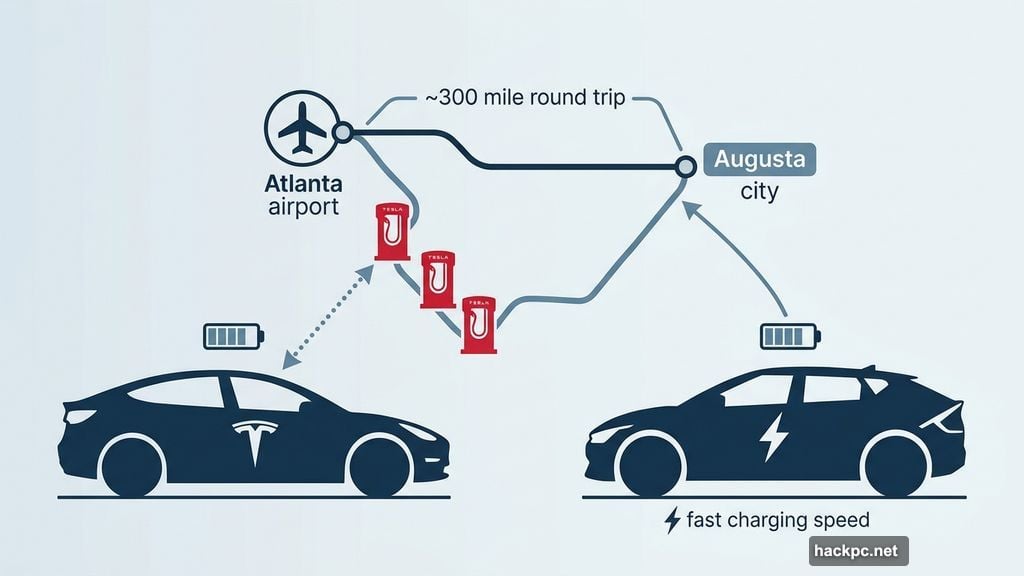 Tesla Supercharger network and Kia EV6 fast charging for Atlanta-Augusta route