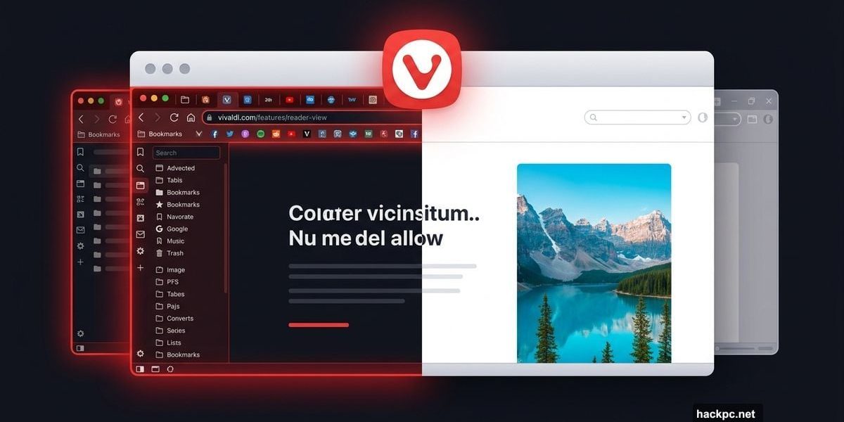 Vivaldi browser split showing cluttered UI versus clean auto-hidden interface
