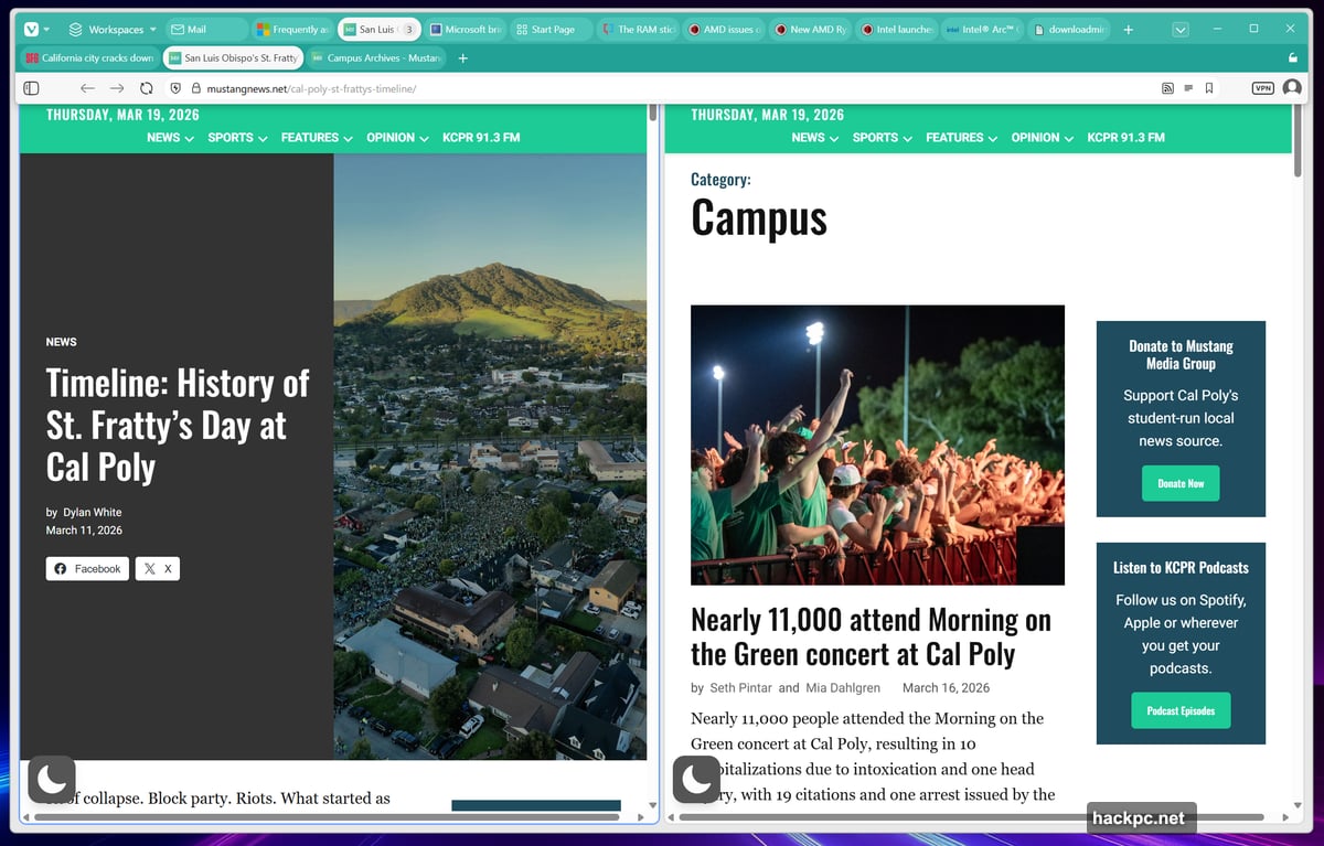 Vivaldi Follower Tabs open linked pages as tiled side-by-side panels