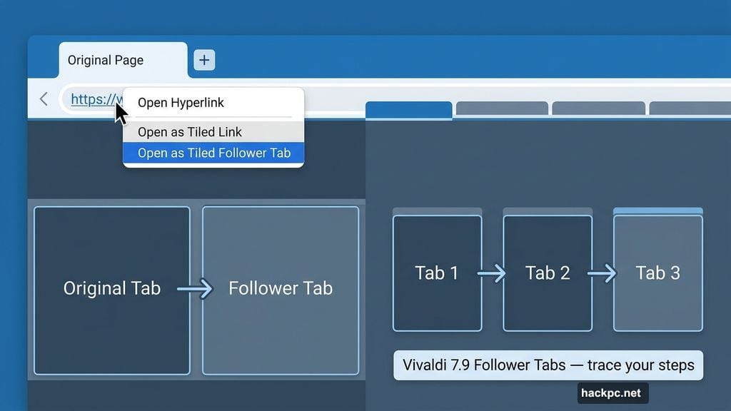 Vivaldi Follower Tabs open linked pages as tiled side-by-side tabs