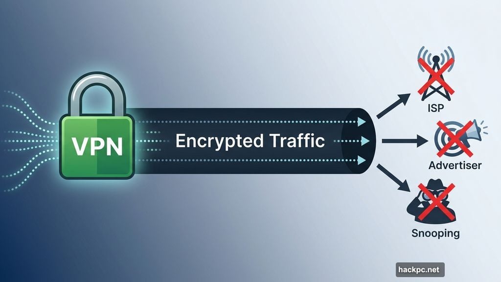 VPN encrypts traffic hiding activity from ISP and advertisers