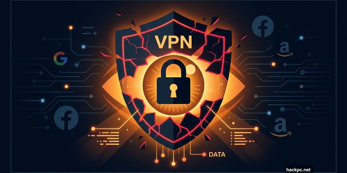 Cracked VPN shield revealing a surveillance eye behind it