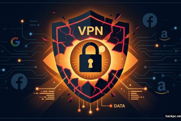 Cracked VPN shield revealing a surveillance eye behind it