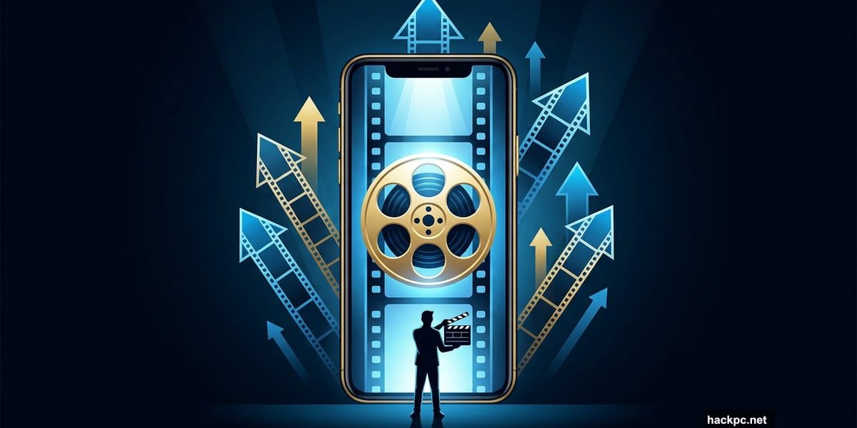 Indie filmmaker silhouette before giant vertical smartphone streaming film